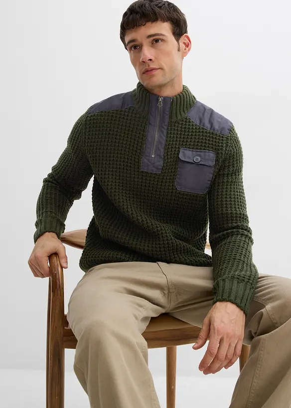 Tröja med krage med dragkedja och vävd infällning, bonprix