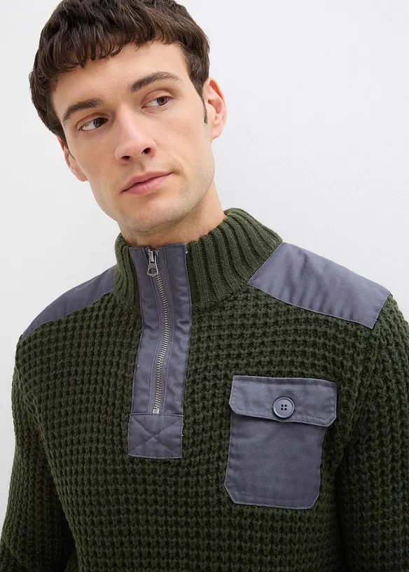 Tröja med krage med dragkedja och vävd infällning, bonprix