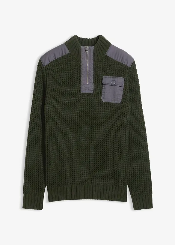 Tröja med krage med dragkedja och vävd infällning, bonprix