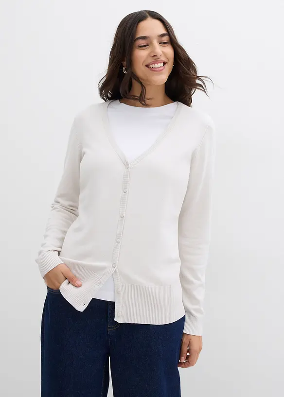 Finstickad cardigan med knappslå, bonprix