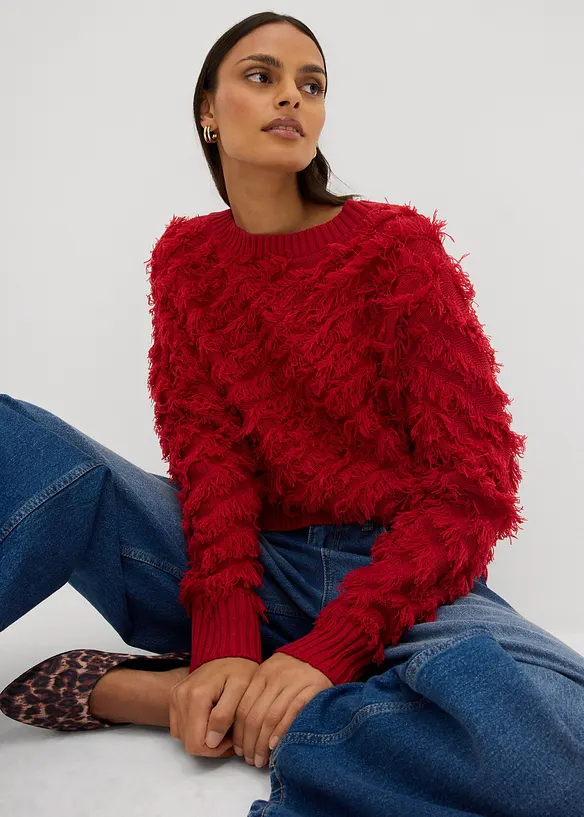 Grovstickad tr&ouml;ja med fransar, bonprix