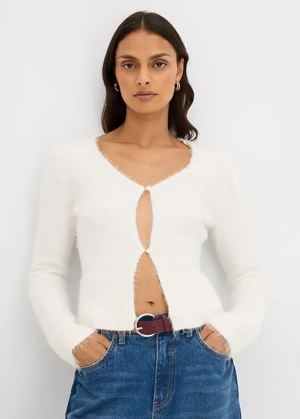 Finstickad cardigan i lurvigt material, bonprix