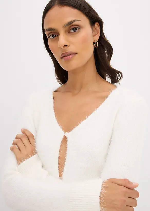 Finstickad cardigan i lurvigt material, bonprix