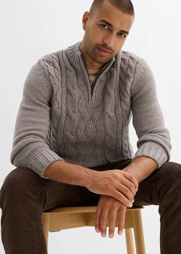 Tröja med flätstickning och krage, bonprix