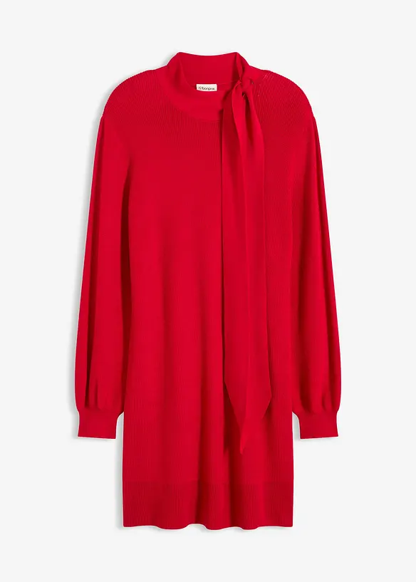 Stickad klänning med knytband i mjuk viskosmix, bonprix