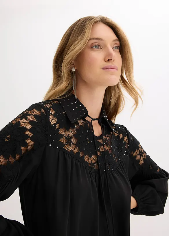 Blus med spets och  knytband, bonprix