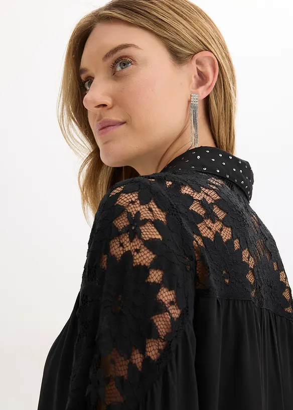 Blus med spets och  knytband, bonprix