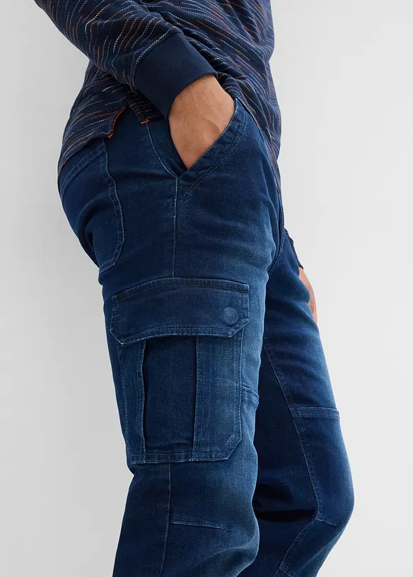 Flanellfodrade  cargojeans med bekväm midja, Regular fit, Straight, bonprix