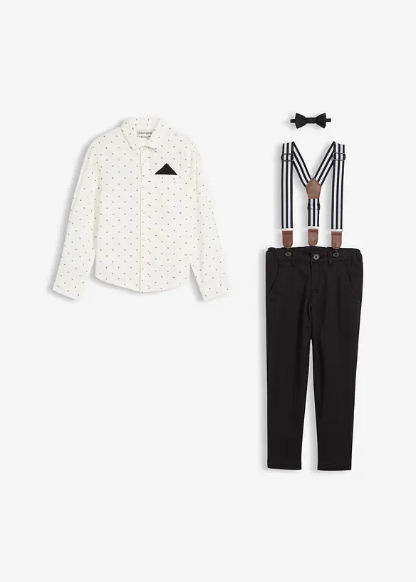 Långärmad skjorta, stretchbyxa, hängslen och fluga (4 delar), bonprix
