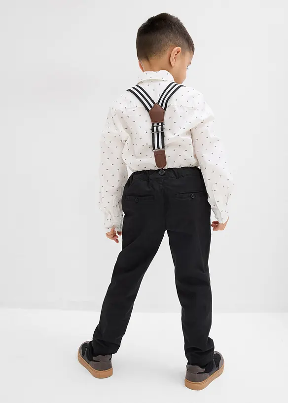 Långärmad skjorta, stretchbyxa, hängslen och fluga (4 delar), bonprix