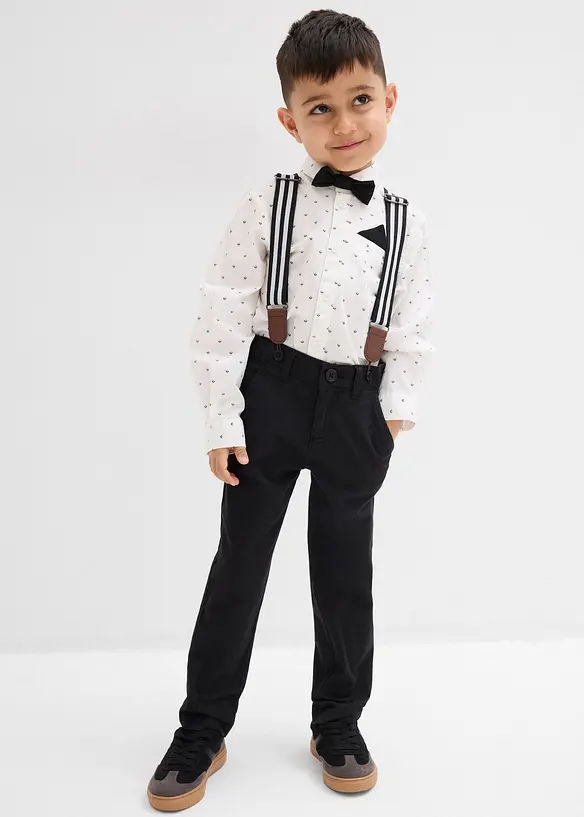 Långärmad skjorta, stretchbyxa, hängslen och fluga (4 delar), bonprix