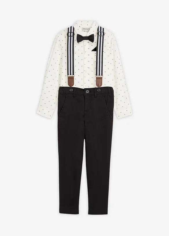 Långärmad skjorta, stretchbyxa, hängslen och fluga (4 delar), bonprix