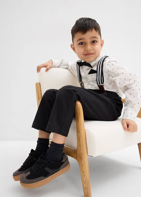 Långärmad skjorta, stretchbyxa, hängslen och fluga (4 delar), bonprix