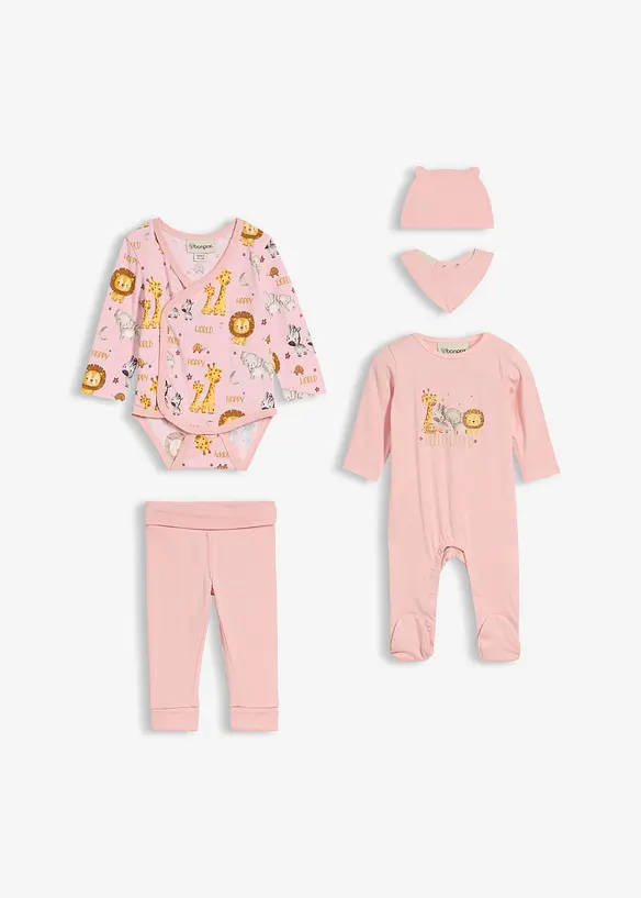 Body, byxa, pyjamas, mössa och haklapp för bebisar (5 delar), ekologisk bomull, bonprix