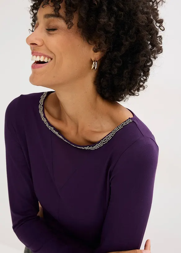 Långärmad topp med meshinfällning och glitterstenar, bonprix