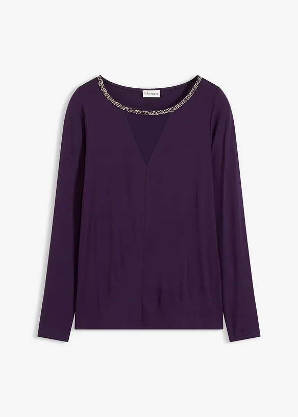 Långärmad topp med meshinfällning och glitterstenar, bonprix