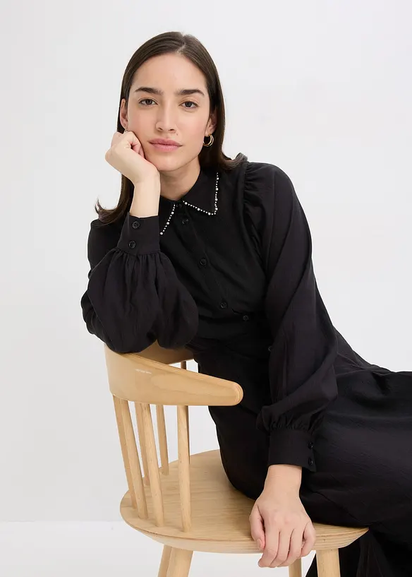 Mellanlång klänning med pärlapplikation, bonprix