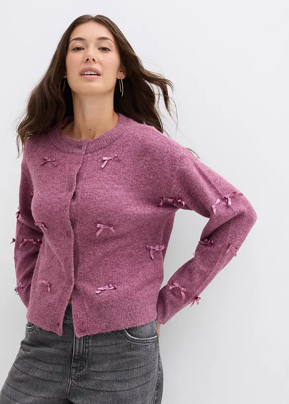 Finstickad cardigan med rosetter, bonprix