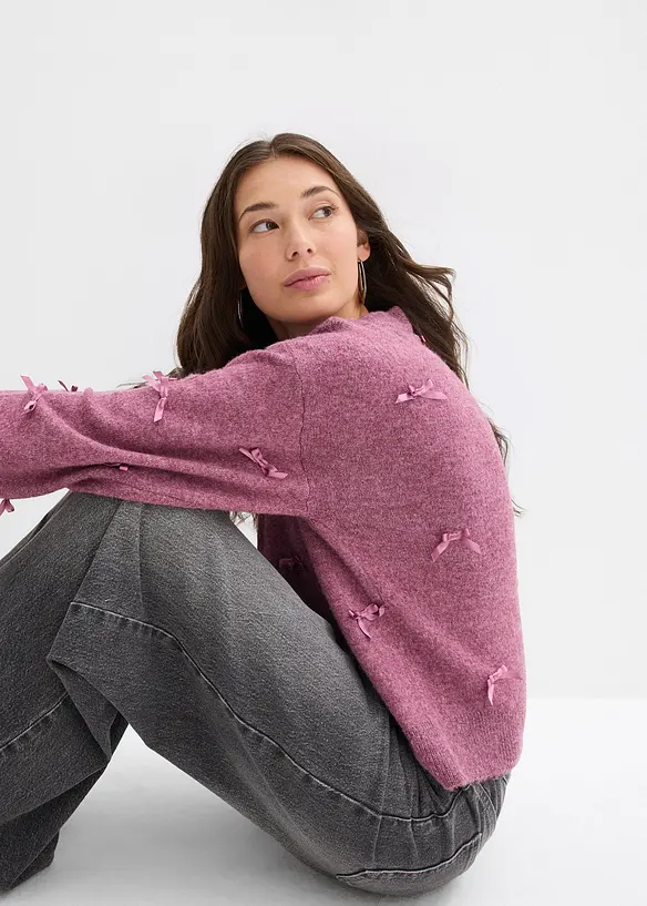 Finstickad cardigan med rosetter, bonprix