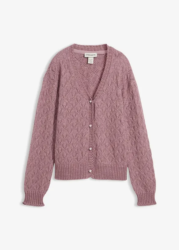 Hålmönstrad cardigan i bomull och ull, bonprix