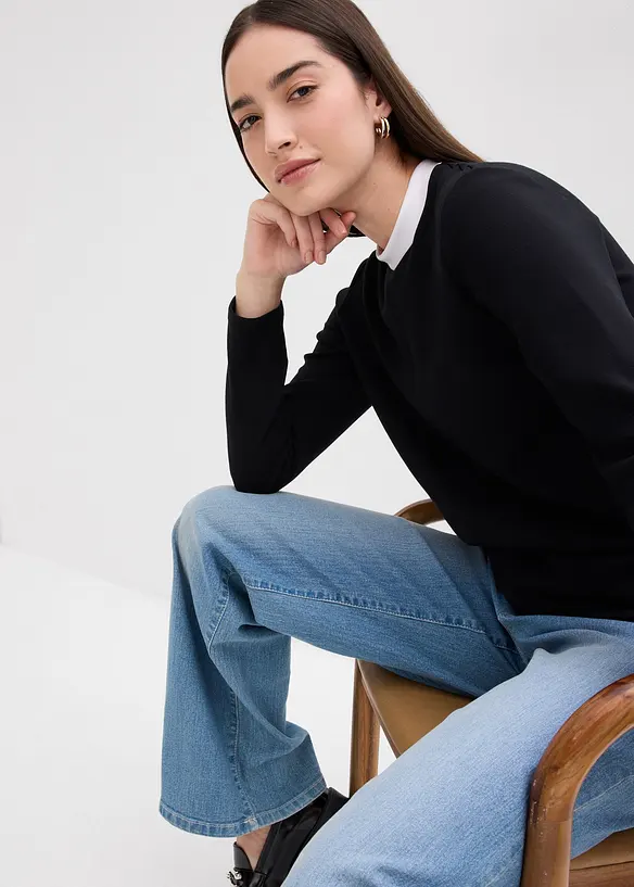 L&aring;ng&auml;rmad topp i viskosmix med kontrasterande krage, bonprix