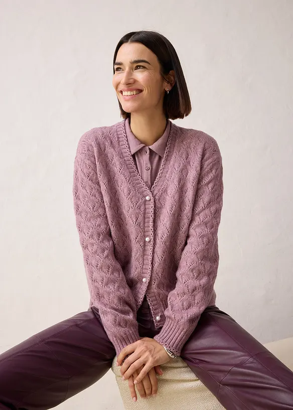 Hålmönstrad cardigan i bomull och ull, bonprix