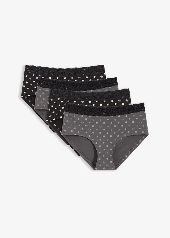 Maxihipstertrosa med spets och ekologisk bomull (4-pack), bonprix