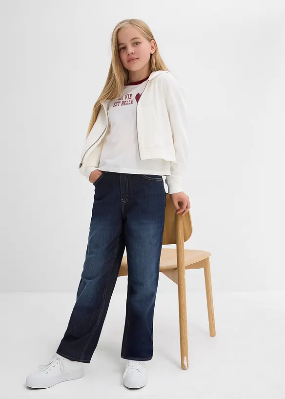 Fodrade jeans med jerseyfoder och vida ben, Mid Waist, bonprix