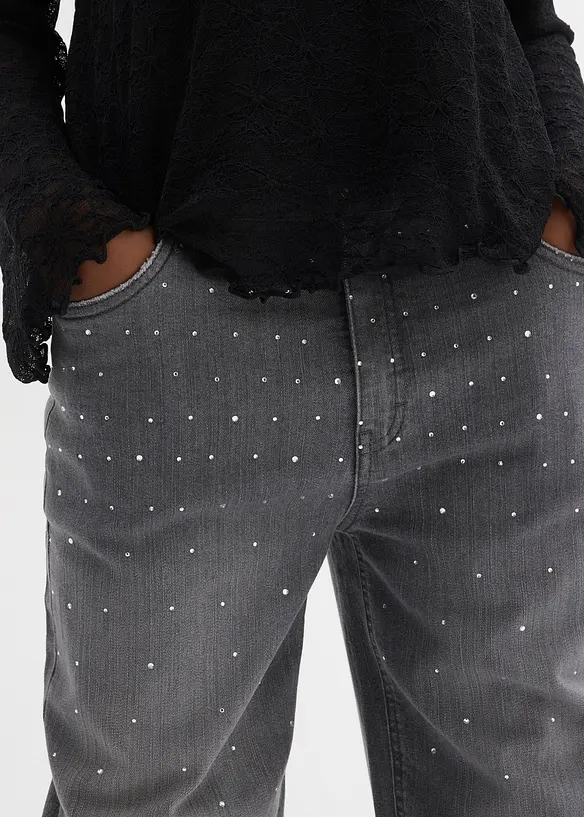 Wide Leg-jeans med strass, Mid Waist, bonprix