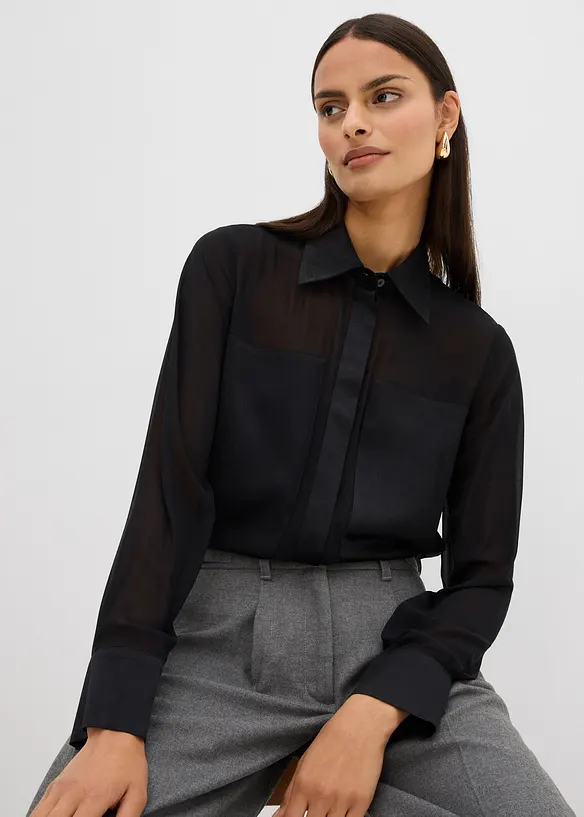 Skjortblus med satininfällning, bonprix