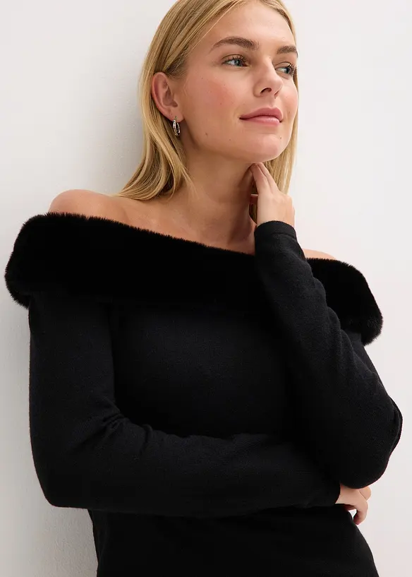 Stickad klänning med fuskpäls, bonprix