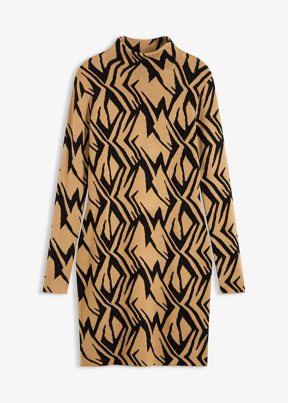 Stickad klänning i figurnära modell med ståkrage, bonprix