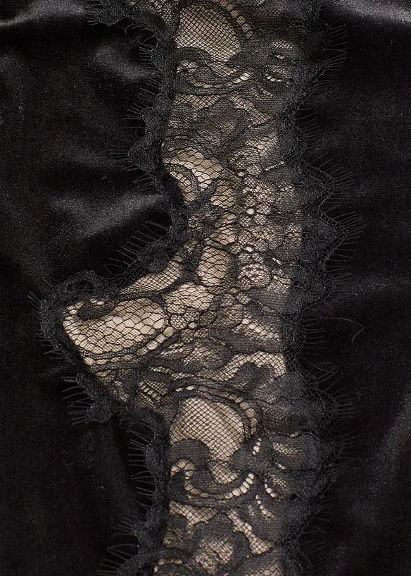 Marlenebyxa i mjuk sammet med spetsinf&auml;llning, bonprix