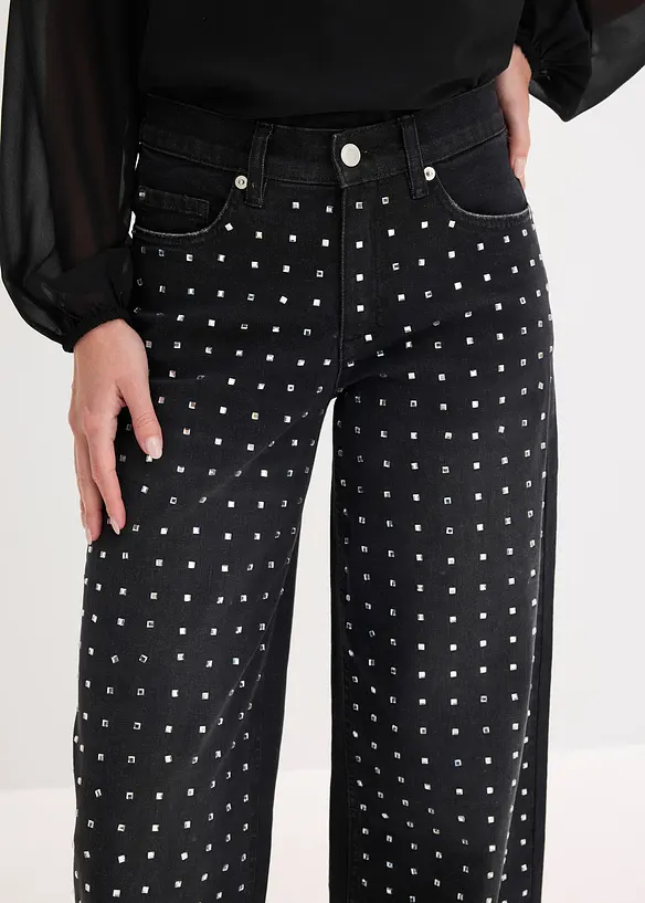 Loose Straight Jeans Mid Waist med strassapplikation, bonprix