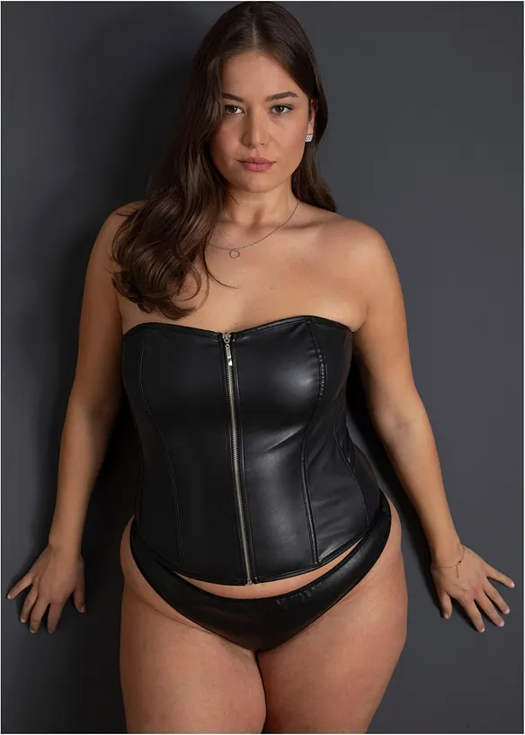 Korsett + stringtrosa i skinnimitation (2 delar), bonprix