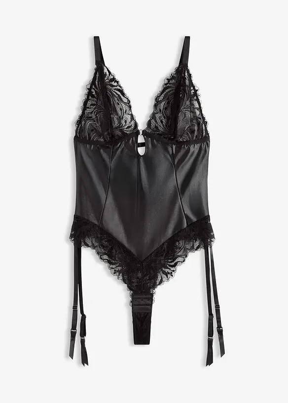 Body med wetlook och avtagbara strumpeband, bonprix