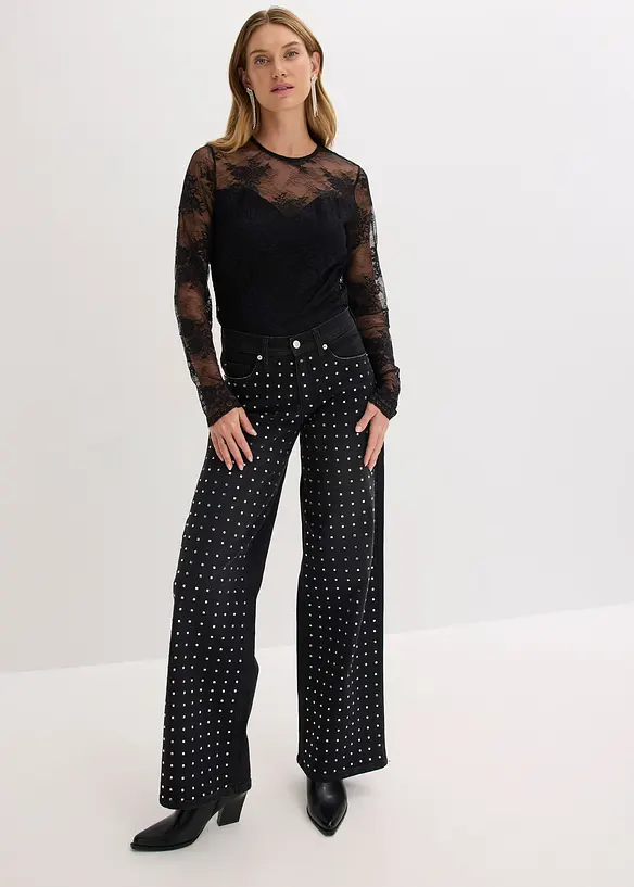 Långärmad topp i fin spets, bonprix