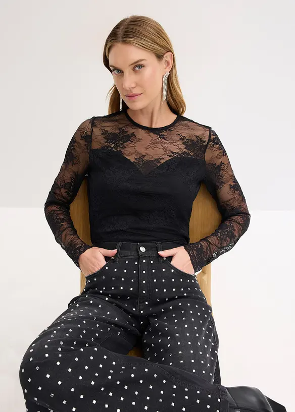 Långärmad topp i fin spets, bonprix