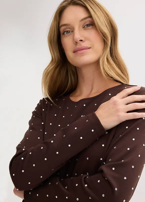 Långärmad topp med strassapplikation, bonprix