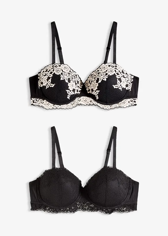Balconette-BH med tvåfärgad spets (2-pack), bonprix