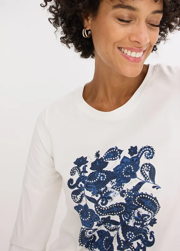 Långärmad topp med placerat tryck, bonprix