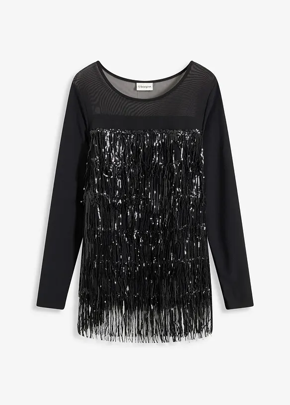 Långärmad topp med paljettfransar, bonprix
