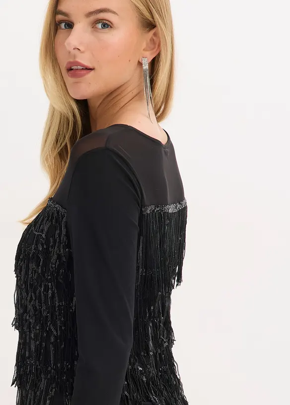 Långärmad topp med paljettfransar, bonprix