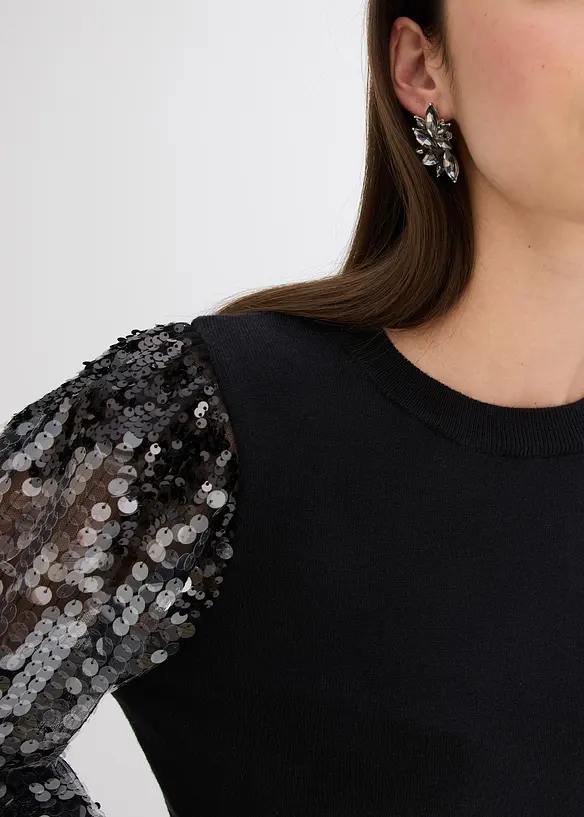 Finstickad tröja med paljettärmar, bonprix