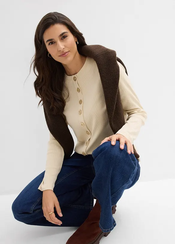 Långärmad topp i ribbat material av ren bomull, bonprix