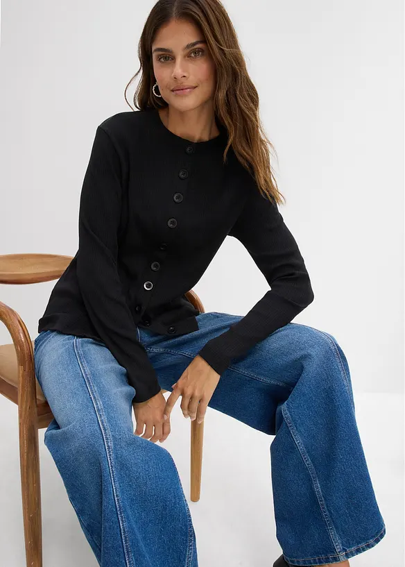 L&aring;ng&auml;rmad topp i ribbat material av ren bomull, bonprix