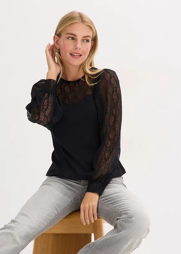 Långärmad topp med spets, bonprix