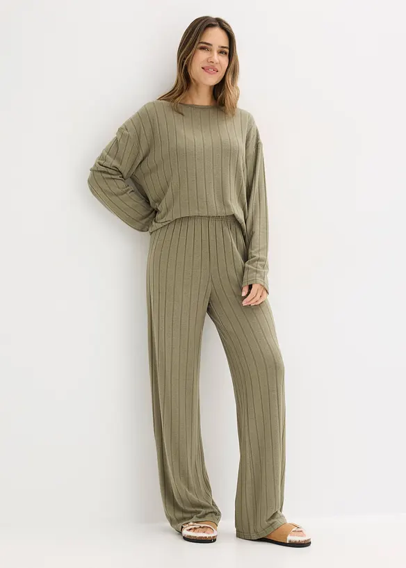 Topp och byxa i mjukt, ribbstickat material, bonprix