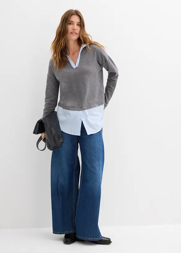 Finstickad tr&ouml;ja med blusinf&auml;llning, bonprix