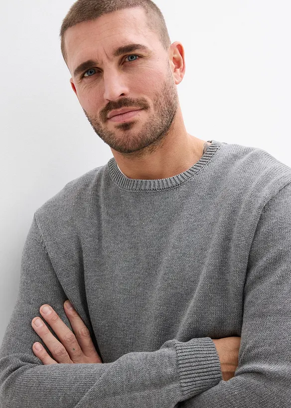 Finstickad tr&ouml;ja med rund halsringning och bomull, bonprix